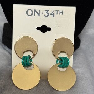 ON 34th Gold and Teal Double Disc Drop Earrings